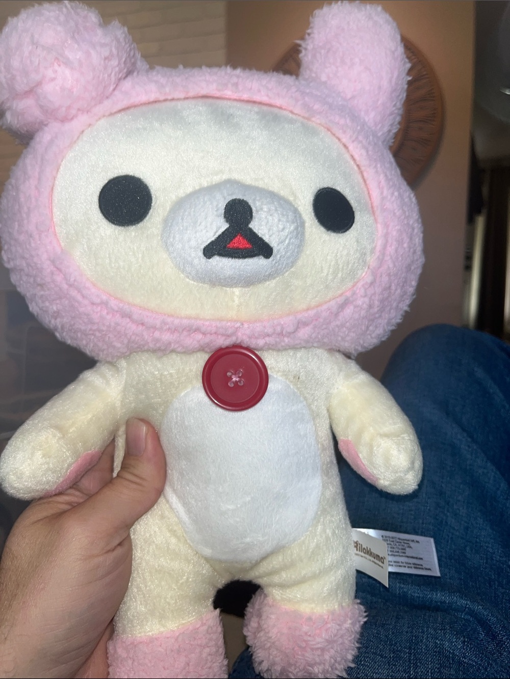 Plush Pink and Cream Bear Stuffed Animal with Red Button Accent